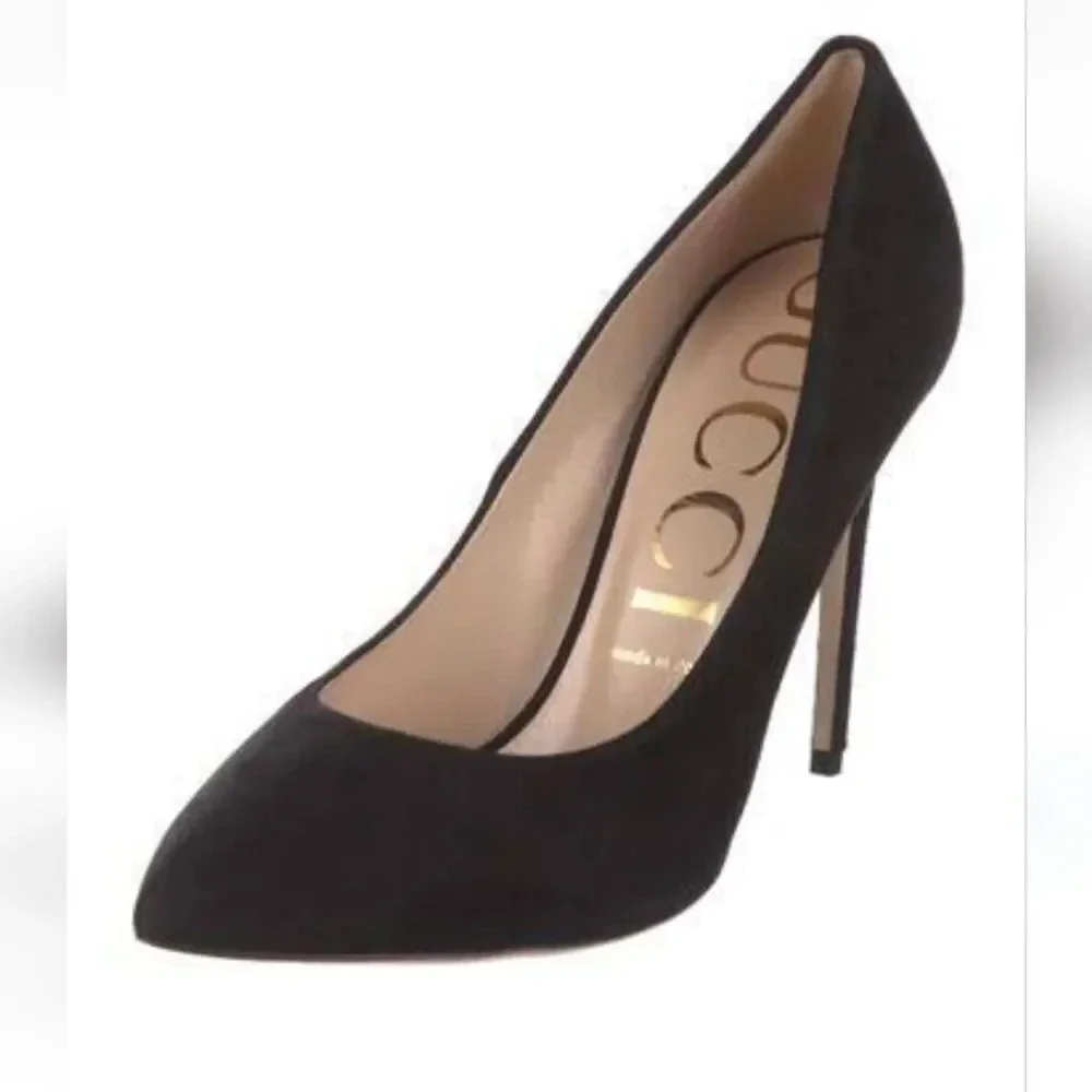 Gucci Women's Black Suede Pointed Toe Pumps Heel Size 39.5